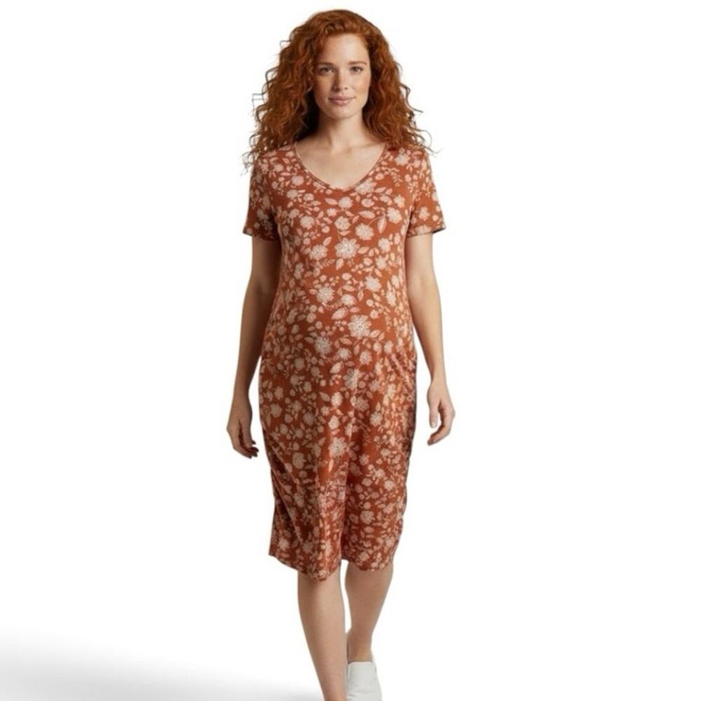 Isabel Maternity TShirt Dress Rust short-sleeve floral midi Ruching Size XL